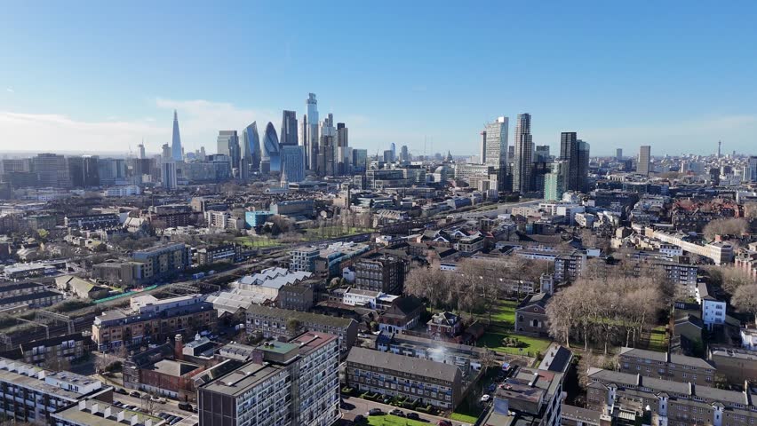 2025 London City skyline viewed from Tower Hamlets aerial