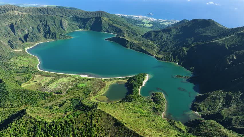 High angle aerial view of Lagoa do Fogo at Agua de Pau, Sao Miguel, Azores