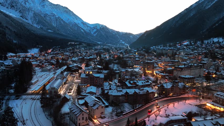 Chamonix aerial night view with evening illumination in winter, Chamonix Valley in France with night lights, ski resort in France
