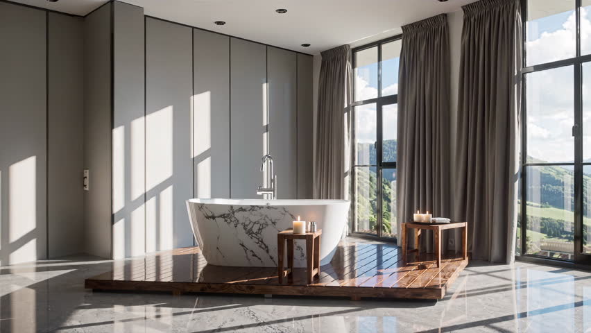 This luxurious bathroom features an elegant freestanding tub and is bathed in stunning, warm natural light. 3D Illustration