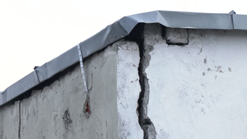 Crack concrete building broken wall at the outside cement corner that effected with earthquake and collapsed ground. Cement wall of the house with cracks can cause the house to collapse