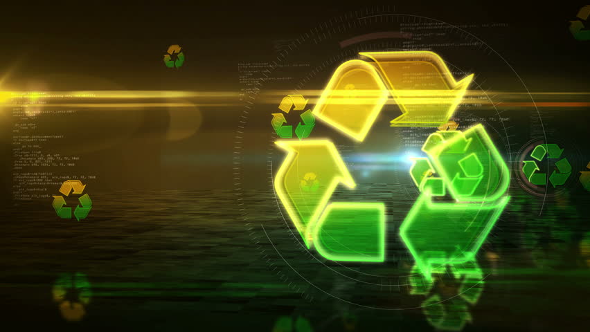Recycling ecology environment and waste segregation symbol on looped abstract digital background. Flight by 3d icons cyber technology concept seamless loopable animation.