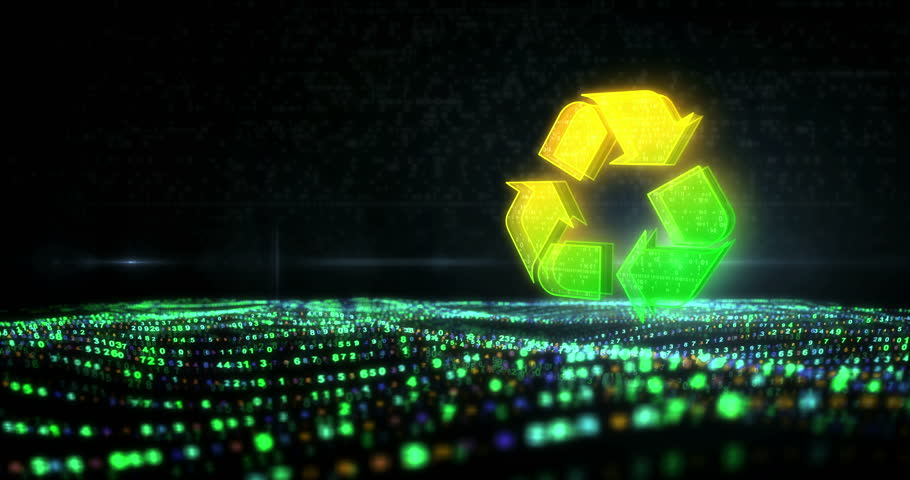 Recycling ecology environment and waste segregation symbol on digital waves. Abstract icon over digital sea and flowing cyber waves background animation.