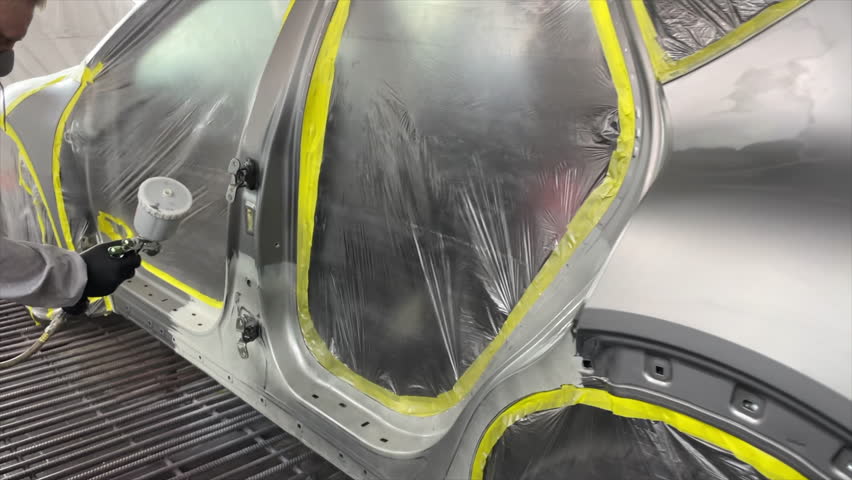 The process of painting an element of the car. it takes a lot of preparation and skill of the craftsman