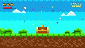 "You Win"  with treasure chest. Retro 8-bit video game interface. Nature landscape with blue sky, trees and green grass. 8-bit pixel art video game. - Powered by Shutterstock - Get 15% off with code: PIKWIZARD15