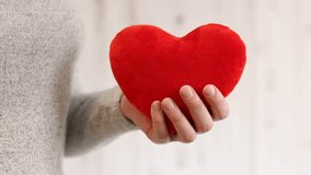 Toy heart in girl's hands. Plush soft heart in woman's hands, close-up. Valentine's Day gift, symbol of love. Emotions and state of mind. Heart as a symbol of love. Toy red soft heart - Powered by Shutterstock - Get 15% off with code: PIKWIZARD15