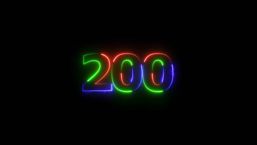 Abstract beautiful glowing neon text 200 business number countdown background 4k animation.