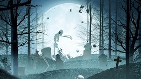Skeleton Forest Graveyard Full Moon 4K Loop features a forest of dead trees and tombstones with a large full moon in the sky with skeletons walking in silhouette in a loop. - Powered by Shutterstock - Get 15% off with code: PIKWIZARD15