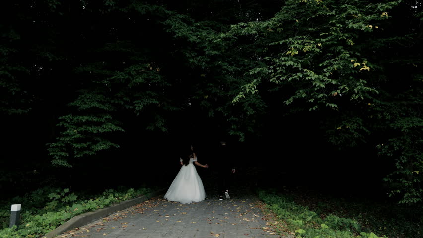 Bride and groom walking hand in hand through a forest path, couple walking on a forest path, holding hands in wedding attire.