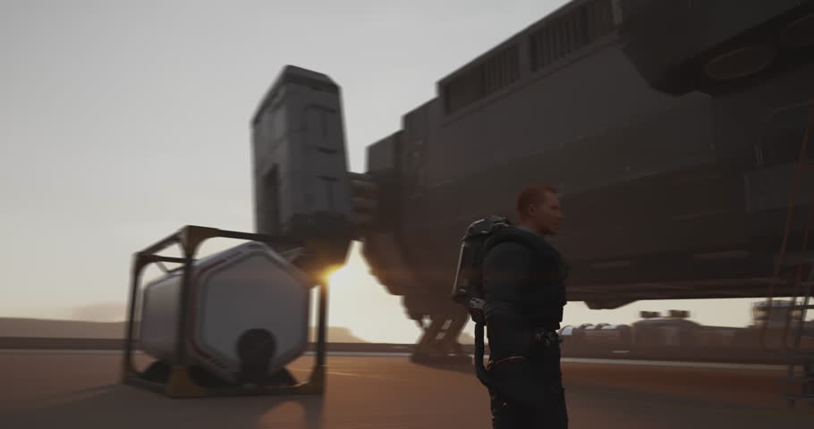 futuristic spaceport with a high-tech spaceship docked at sunset. Soldiers in advanced armor oversee cargo loading, preparing for an interstellar mission