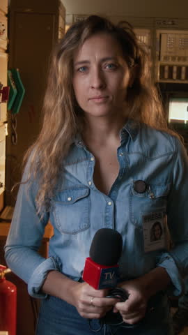 Medium vertical portrait of confident young Caucasian female journalist with long blonde hair, press ID badge, with TV news channel microphone, standing in production van, smiling