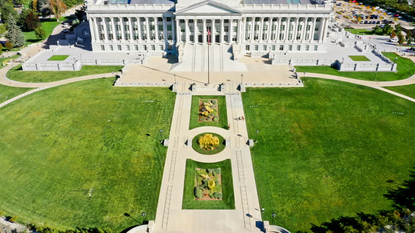 Establishing shot with slow camera lift in front of Utah State Capitol, in Salt Lake City. The Utah State Capitol is the house of government for the U.S. state of Utah