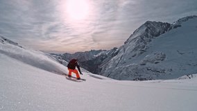 Off Piste Snowboarder Running Down. Super Slow Motion, 1000 fps. Snowboarding on Free Ride off Piste Slope in European Dolomites Mountains, Italy. Speed Ramp Effect. - Powered by Shutterstock - Get 15% off with code: PIKWIZARD15