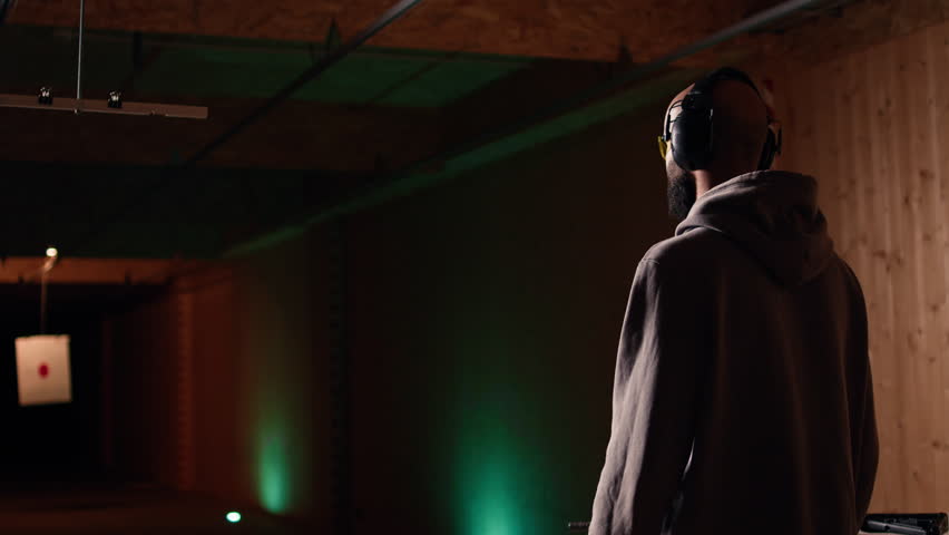 Person wearing protecting gear loading magazine in pistol during firearm practice session at shooting range. Gun enthusiast reloading handgun, learning self defense, pointing weapon, camera A