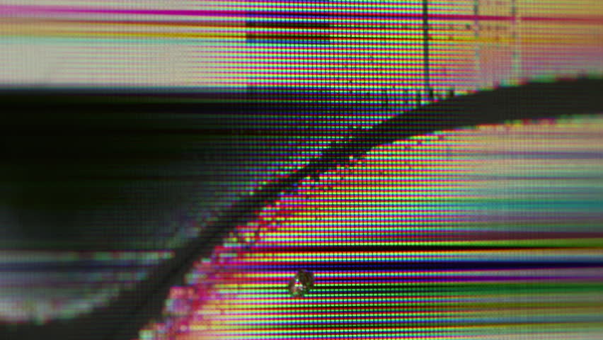 Glitch display. Broken television. Display defocused defect overlay crack in glass digital surface with glossy edge. Disruption of image expansion black split.
