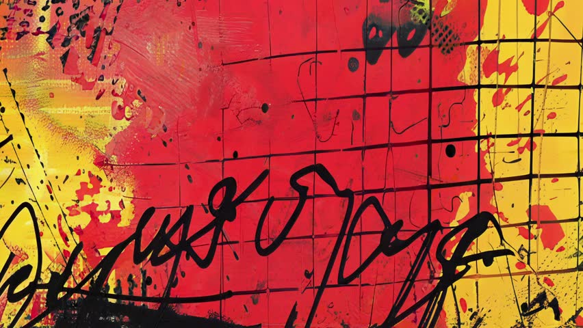 Hand-drawn graffiti-style grunge texture with bright red background, grid lines, expressive black scribbles, paint splashes, and raw abstract urban collage look