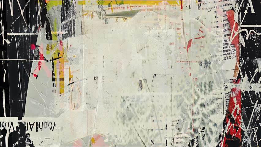 Dynamic black, white, and red collage-inspired grunge texture with text fragments, scratches, smears, and high-contrast chaotic street-art surface