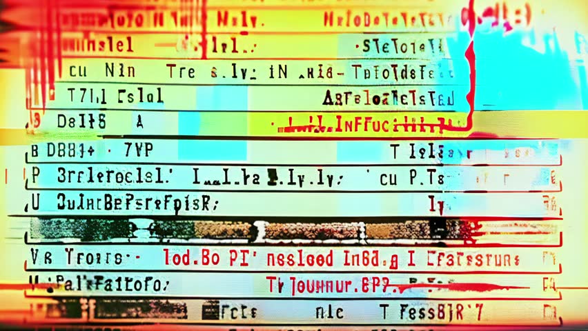 High-contrast digital glitch animation with multicolor panels, typewriter text, scan lines, surface scratches, and intense vibrant data-inspired patterns