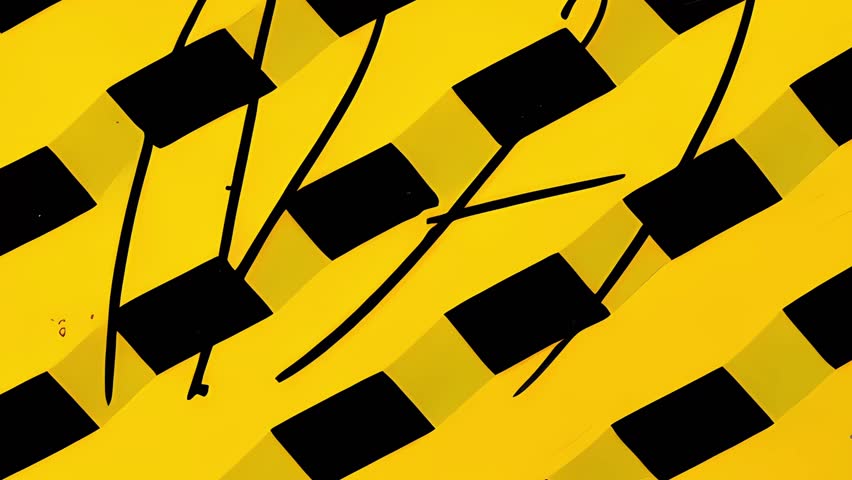 Bold graphic pop-art design with high-contrast yellow and black geometric diamond shapes, scratches, paint smudges, and dynamic abstract digital layers