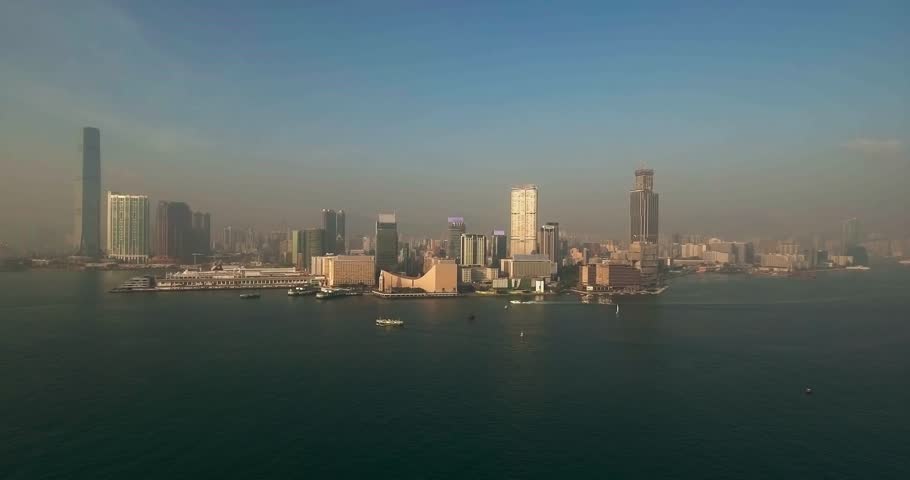 Drone shot of Hong Kong Victoria Harbour, Star Ferry at Kowloon