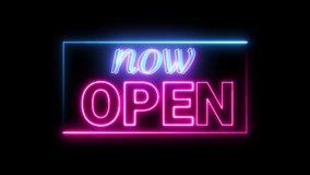 Glowing neon pink and blue text filck now open with star shape isolated on black background - Powered by Shutterstock - Get 15% off with code: PIKWIZARD15