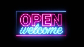 Glowing neon pink and blue text filck open welcome with star shape isolated black background - Powered by Shutterstock - Get 15% off with code: PIKWIZARD15