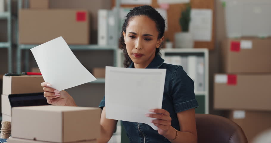 Woman, stress and paper in small business for logistics, missing stock or thinking at inventory. Employee, invoices or worry in office for finance management, incorrect payment or confused with admin