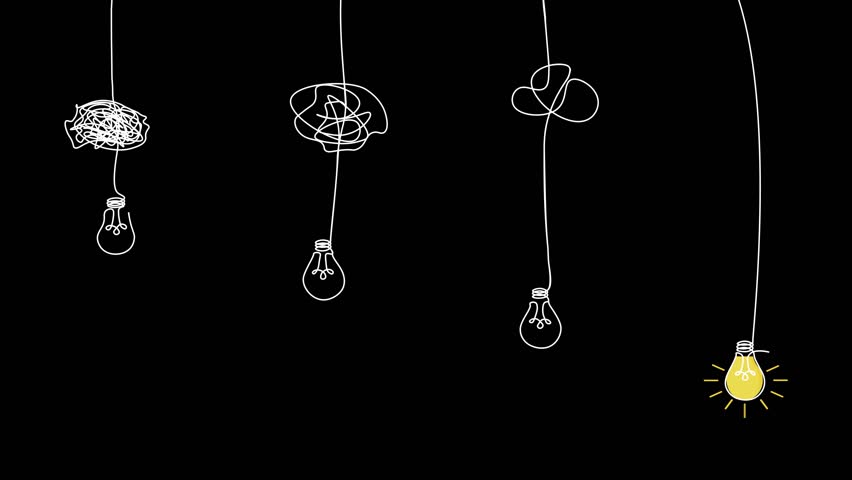 Simplify Complex Problem To Creative Idea Concept animation of Continuous line. From Tangled Complicated to Simple Light Bulb Glowing. Untangle Complexity. Thinking Mind and Solution. Success