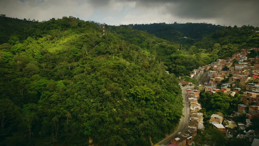 An abundance of poor homes built up a mountain in Colombia, South America.