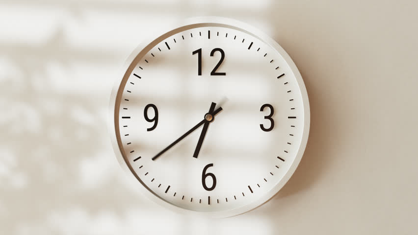 Time-lapse of black and white classic wall clock, textured warm light beige concrete background, moving shadows from window blinds, soft sunlight, sunny day to evening transition, zoom in effect
