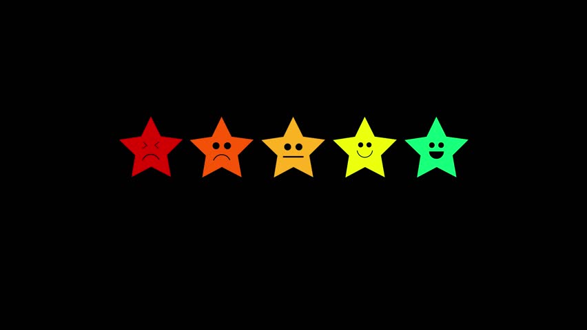 Colorful stars appearing on the black background, reviews and feedback concept 4k animation. Face reactions on stars, rating deisgn.