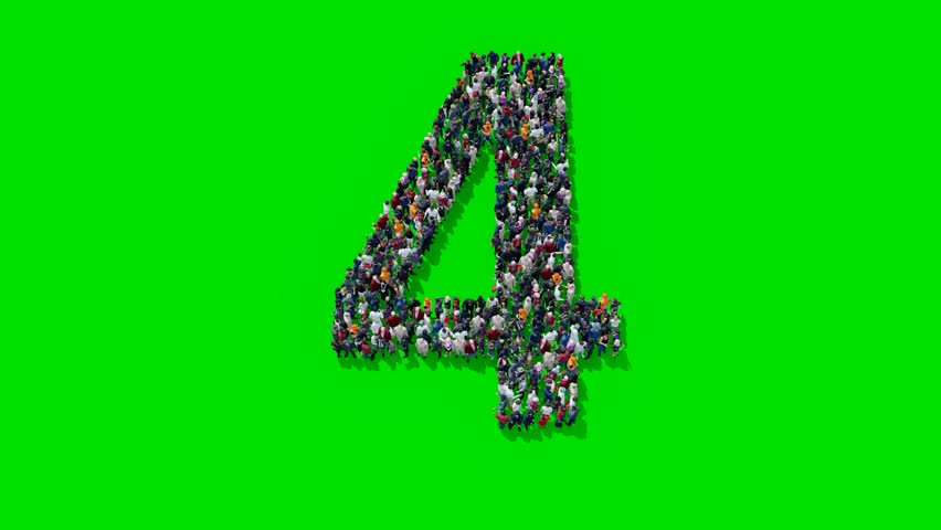 Number Four from the Crowd of People on Green Screen Background 3D Animation Group of Human Standing in Number 4 Shape Letter.