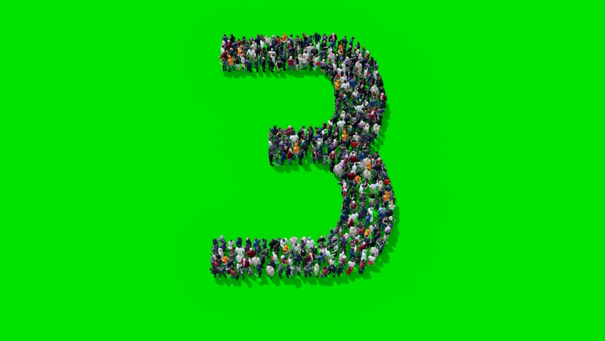 Three Shape or Number 3 from Many People Standing in aerial view with Green Screen Background Isolated 3D Animation Third Alphabet.