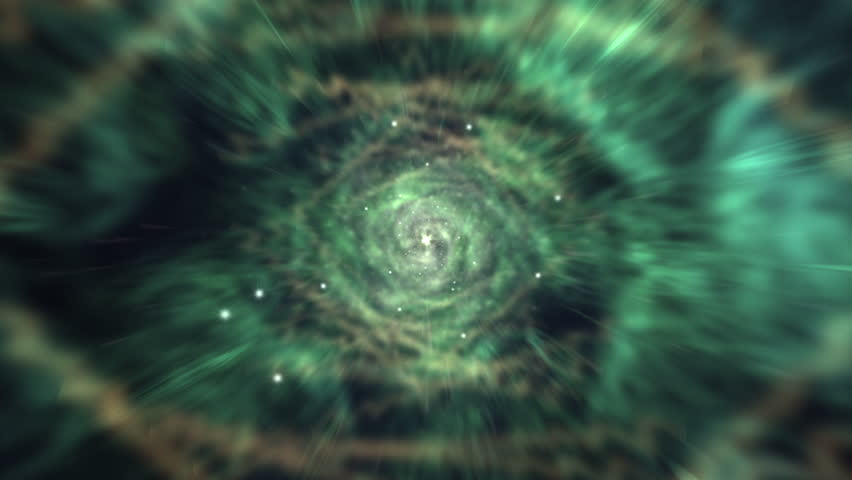 Cosmic Spiral Vortex Light Flares Depicting Energy Movement. Swirling green vortex pattern with light beams and flares, suggesting cosmic energy motion and motion transitions.