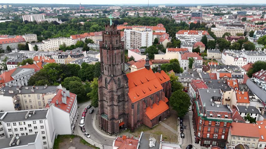 Aerial shot of the Church of All Saints in Gliwice, Poland