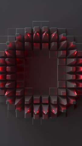 looped 3d vertical video, abstract futuristic background with geometric texture and red neon light, cyber technology wallpaper