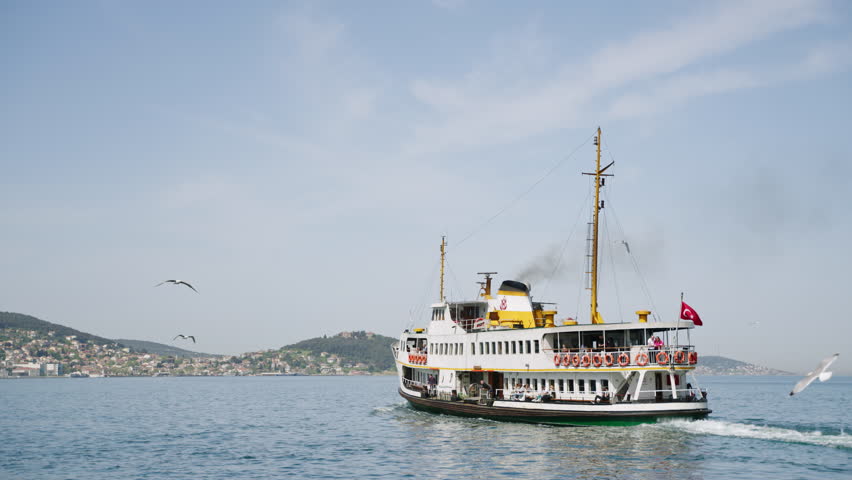 Ferry carries passengers from Buyukada Island to Istanbul. Tourists view seaside, cityscape. Tranquil voyage, commuting water, Turkish coastlines. Ferry trips connect urban, island life.