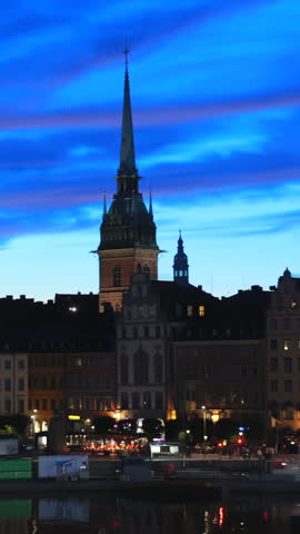 Stockholm, Sweden. Scenic View Of Skyline At Evening Night. Tower Of Storkyrkan - The Great Church Or Church Of St. Nicholas And German St Gertrude