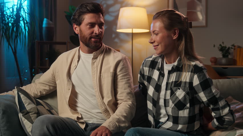 Caucasian man woman love affection couple guy girl lovers happy family boyfriend girlfriend give box birthday present gift husband wife celebrate anniversary romantic surprise Valentine day at home