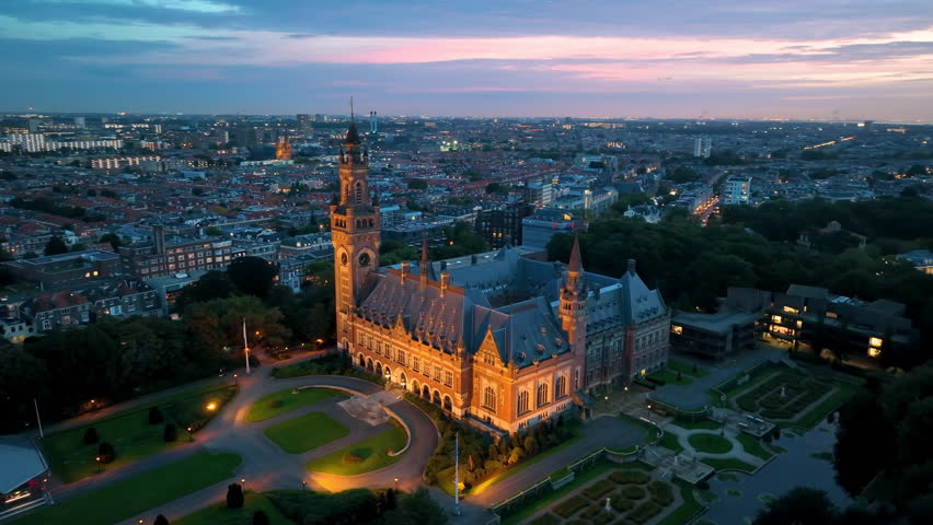 4k Aerial view of The Peace Palace (Vredespaleis) in The Hague , Netherlands. Europe