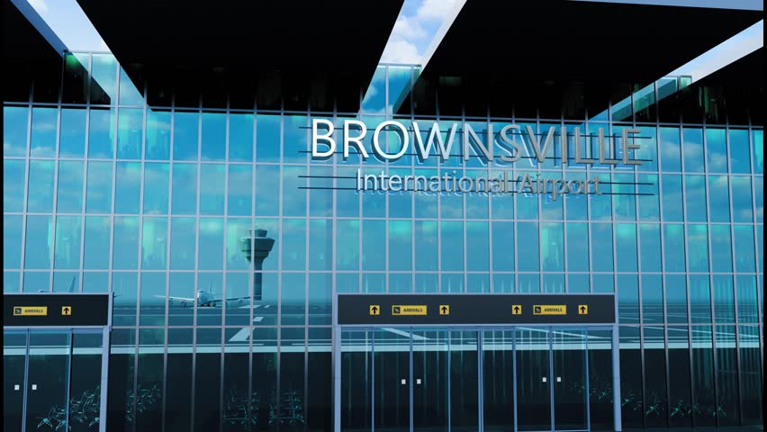 Airlane landing at Brownsville, USA. Arrival in the city with reflection of airport and aircraft