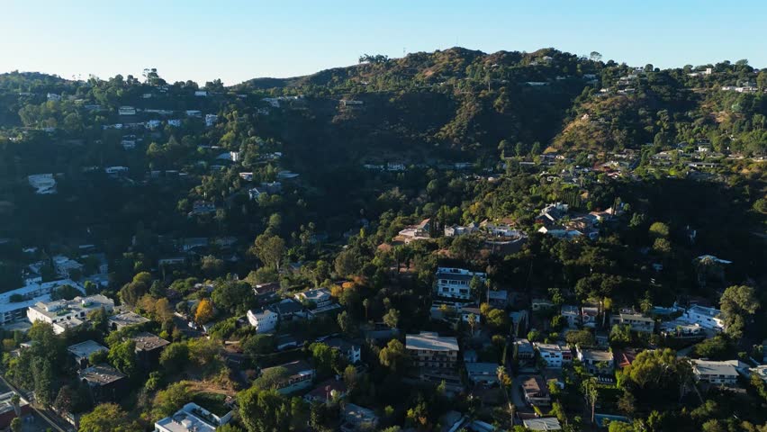 Aerial Forward Drone Flight Over Hollywood Hills Near Universal Studios, Los Angeles