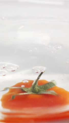 Slow motion. One red ripe tomato with green leaves falls under water super slow motion video. Splash and spray. White background. High-speed-camera phantom flex. Vertical Shot.