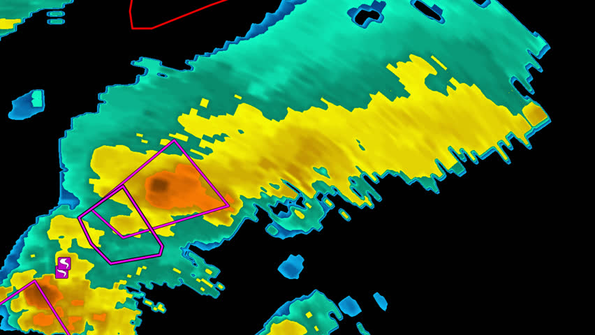 Severe thunderstorms with tornado warning on doppler weather radar screen