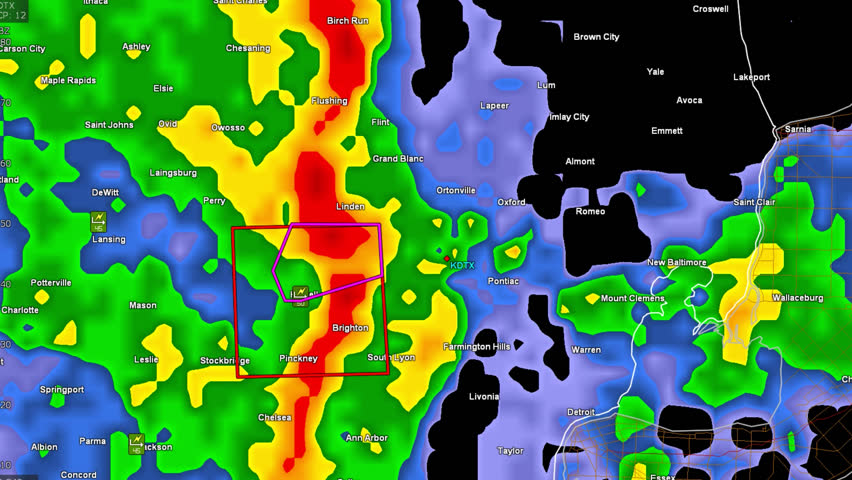 Severe thunderstorms with tornado warning on doppler weather radar screen
