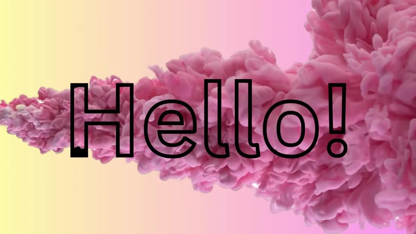 A dynamic "Hello" greeting in bold typography surrounded by a colorful ink cloud effect, perfect for introductions or creative projects featuring vibrant visuals.
