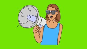 line art aimation of woman standing and talking through a megaphone green background - Powered by Shutterstock - Get 15% off with code: PIKWIZARD15