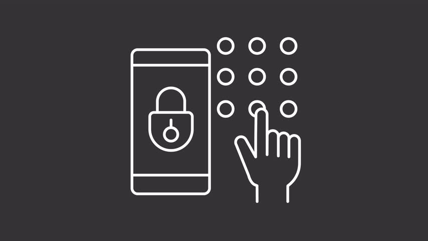 Animated graphical password white icon. Unlock smartphone with PIN code line animation. Mobile device security. Isolated illustration on dark background. Transition alpha video. Motion graphic