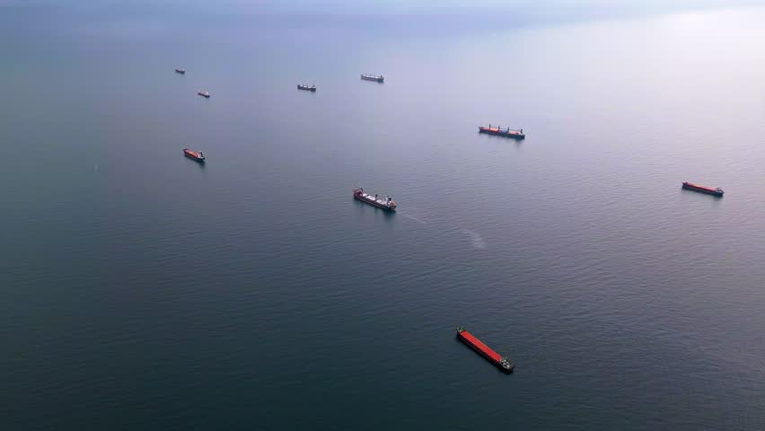 Aerial view of multiple cargo ships scattered across the calm open sea. The maritime scene highlights global trade, transportation, and shipping logistics, with large freight vessels navigating the