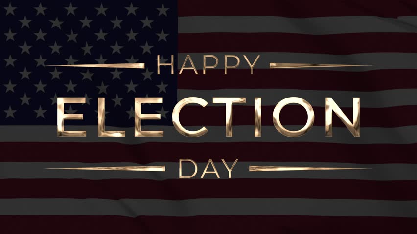 Happy Election Day golden text with slide blur animation on United States flag background. Perfect for motion graphic projects related to US Election Day.